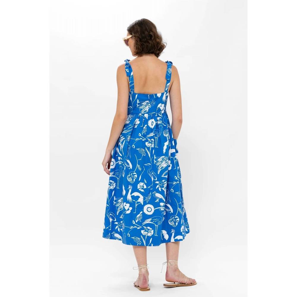 NEW OLIPHANT tie strap pocket midi dress in blue audubon - Picture 2 of 4
